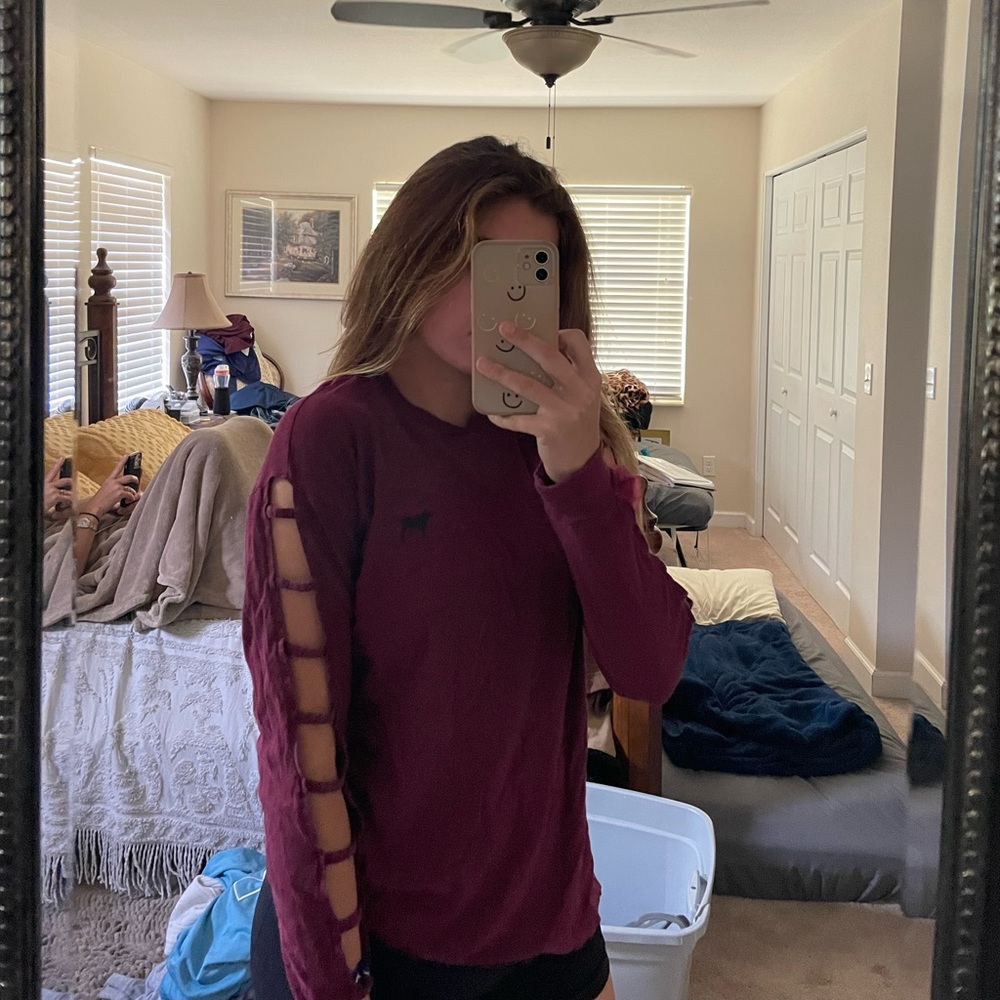 XS Maroon Victoria’s Secret PINK long sleeve tee with cut outs down the sleeves
